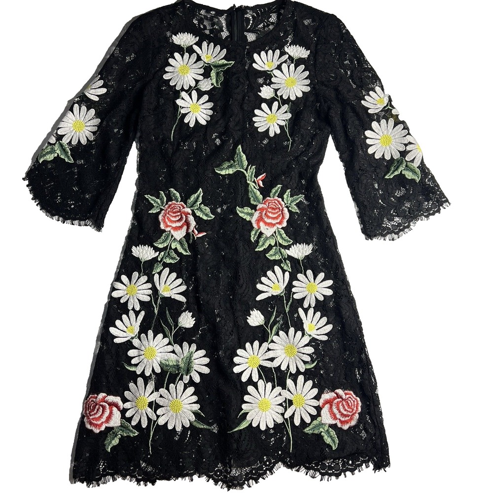 Floral Embroidered Sheer Boho‎ Hippie Black Dress Women S/M